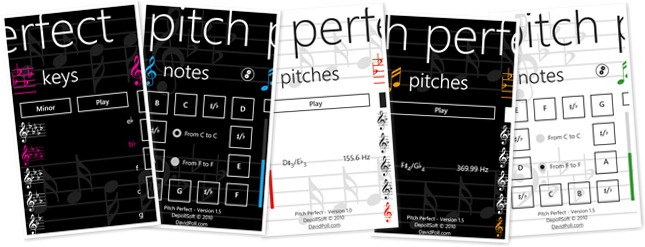 Five overlapping Pitch Perfect
screens showing key signatures, note names, and a pitch reading out in hertz