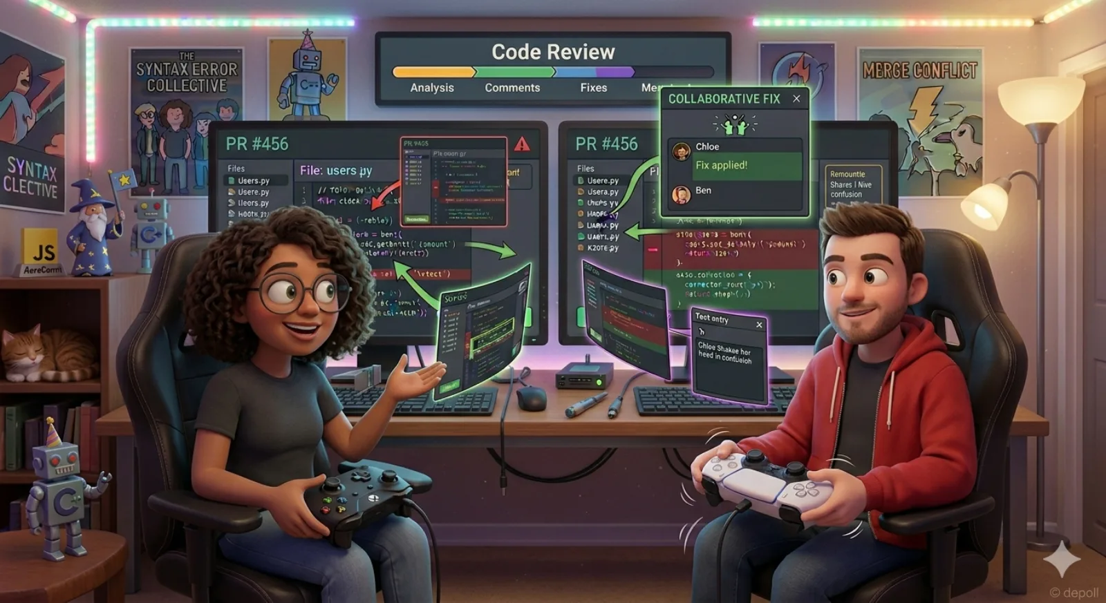 Two software developers playing a video game that is actually a code review.